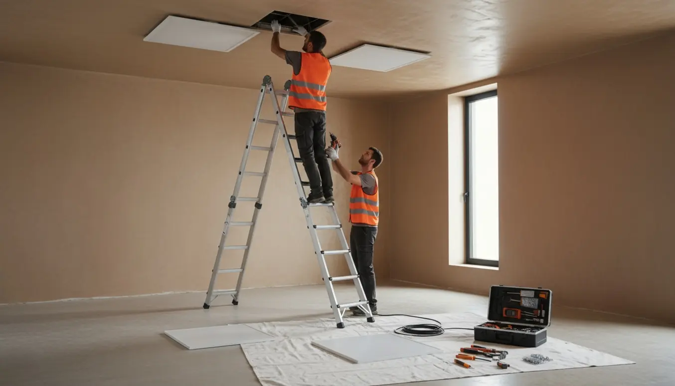 Installatør på stige sætter LED-panel op i et rum med høj loftshøjde, værktøj og 5 m ledning klar.