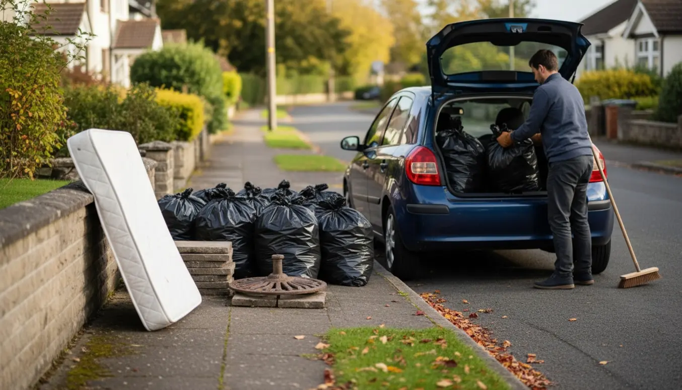 Poser med haveaffald, fliser, parasolfod og en foldet topmadras lagt klar til afhentning ved fortovet.