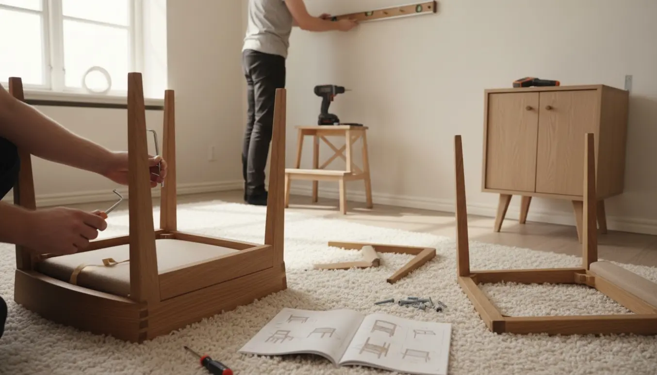 Hænder samler en stol, en knagerække monteres på væggen, og et skab sikres med beslag i et lyst stueinteriør.