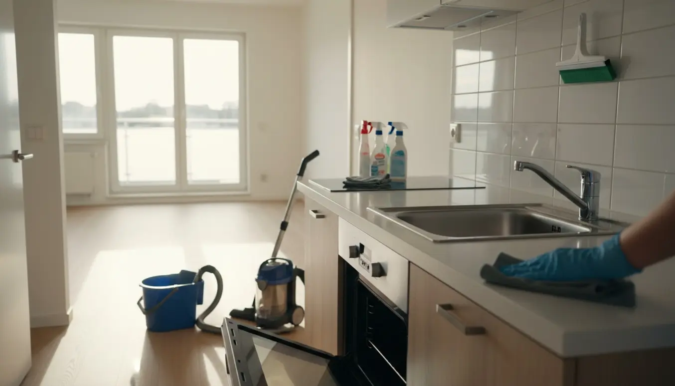 Gummihandsker tør køkkenbord af i en soloplyst lejlighed med lukket altan og rengøringsudstyr.