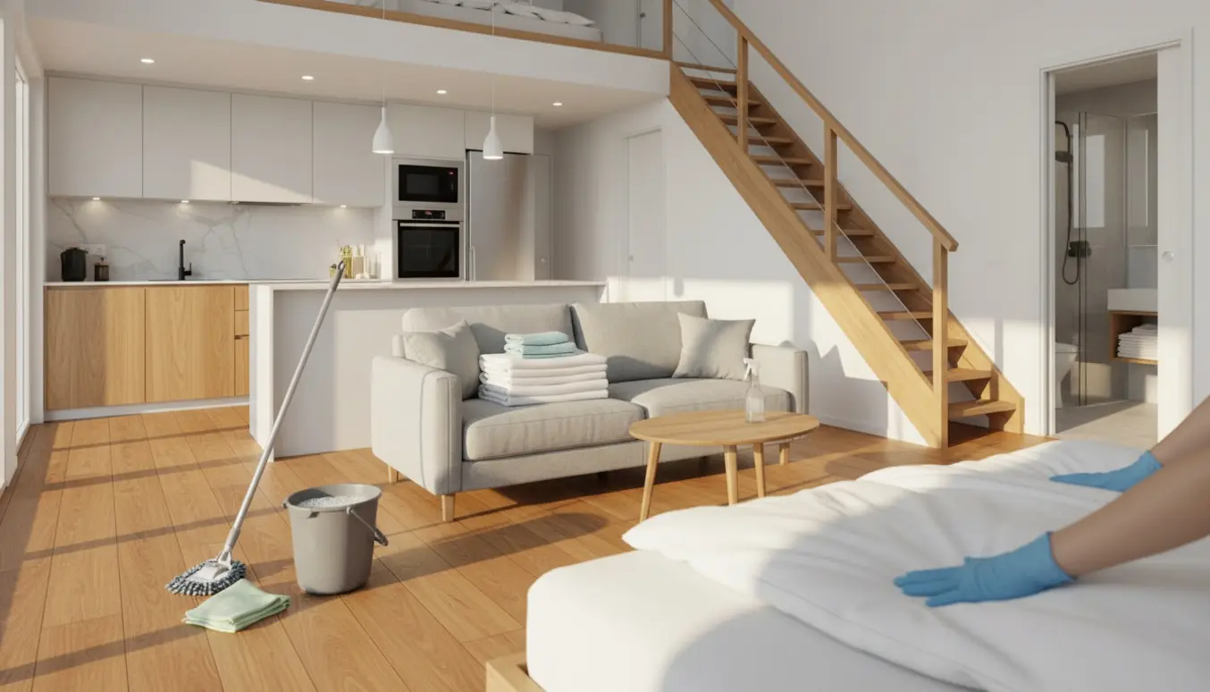 Rengjort to-etagers ferielejlighed med foldede håndklæder, rengøringsudstyr og trappe i varmt morgenlys.