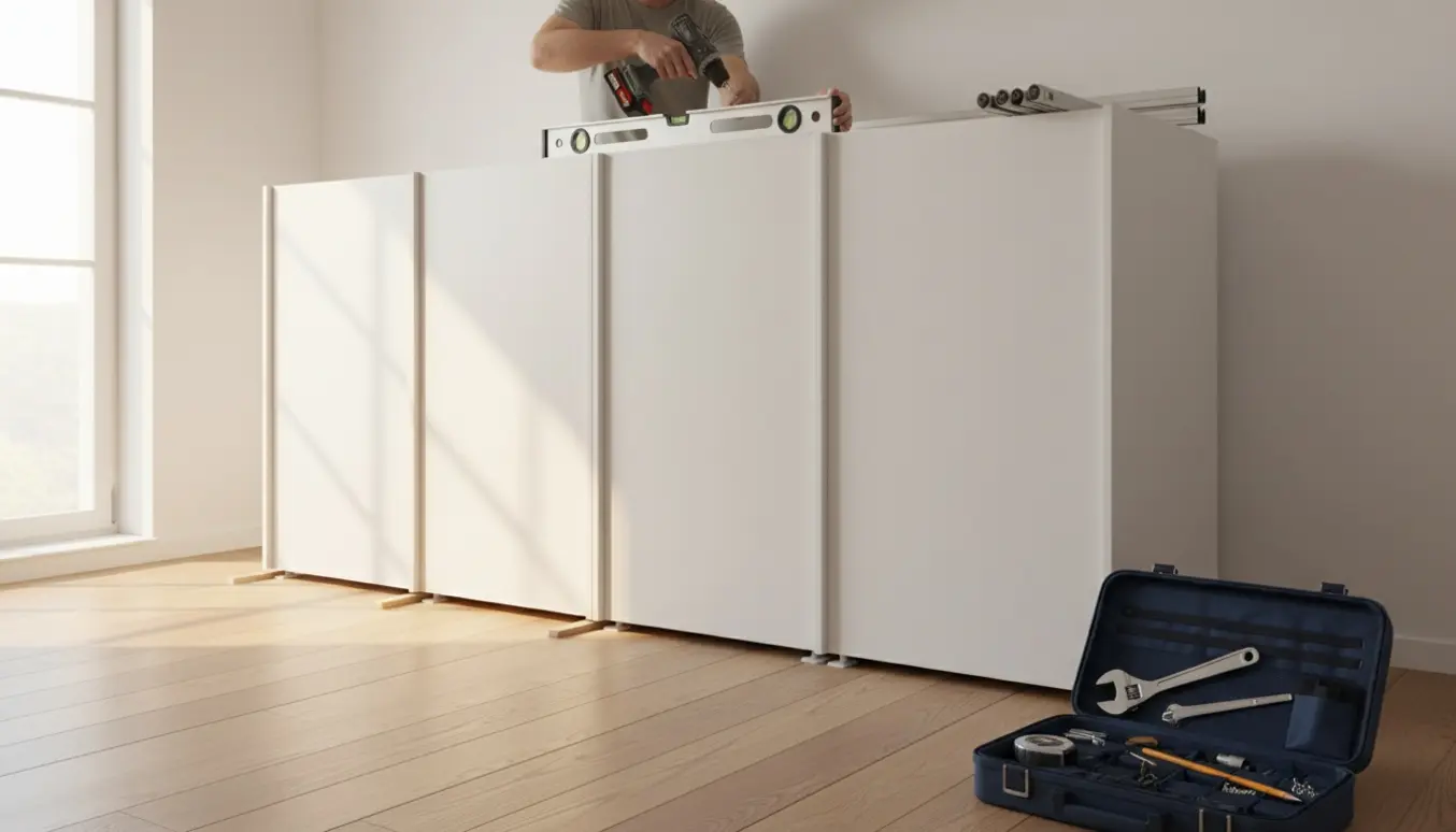 Hænder fastgør og retter en samlet PAX-garderobe med kiler og skydedørsskinner.