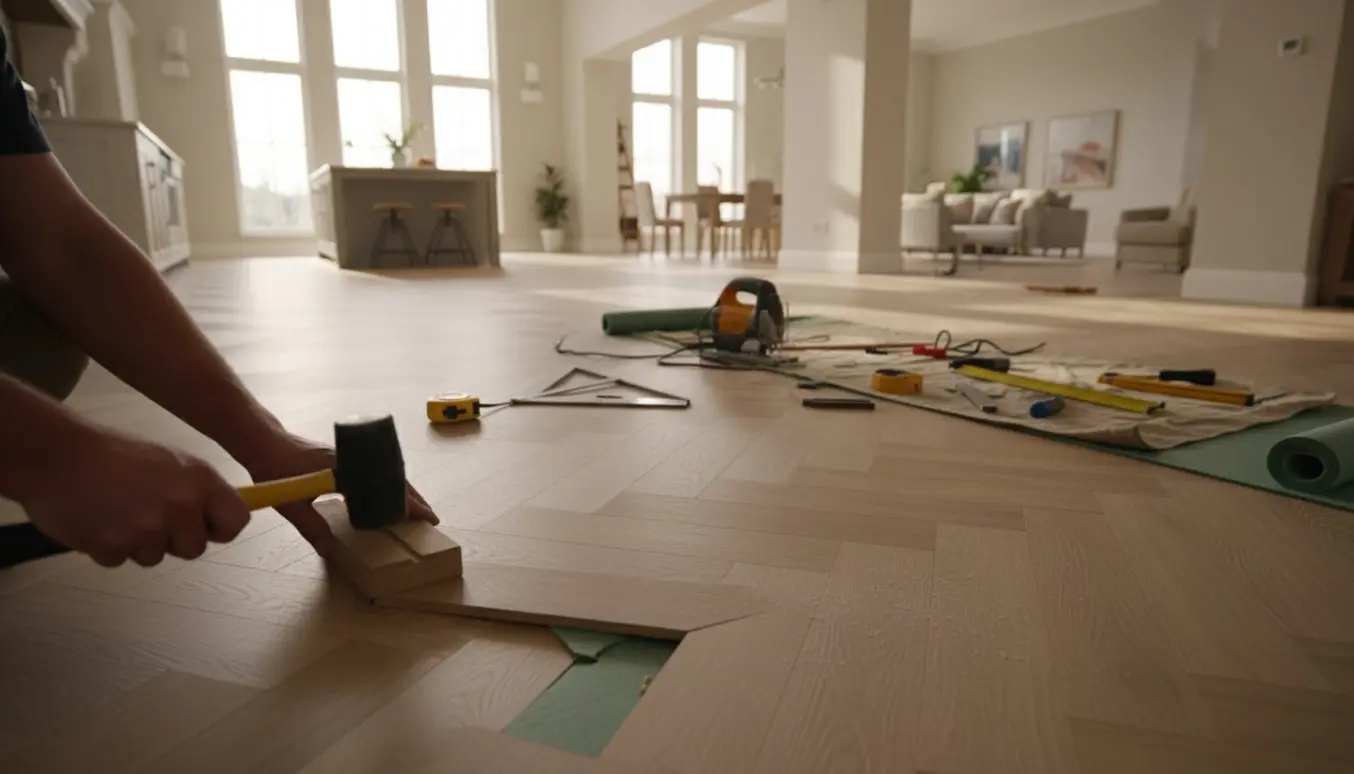 Håndværker lægger sildebens laminatgulv i et åbent køkken-alrum, tæt på kliksamlingerne.