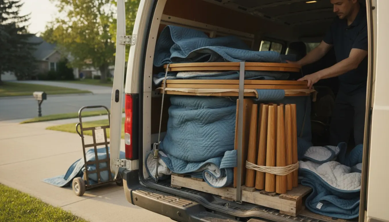 To adskilte runde egetræs spiseborde med tillægsplader og ben pakket i varevogn klar til afhentning.