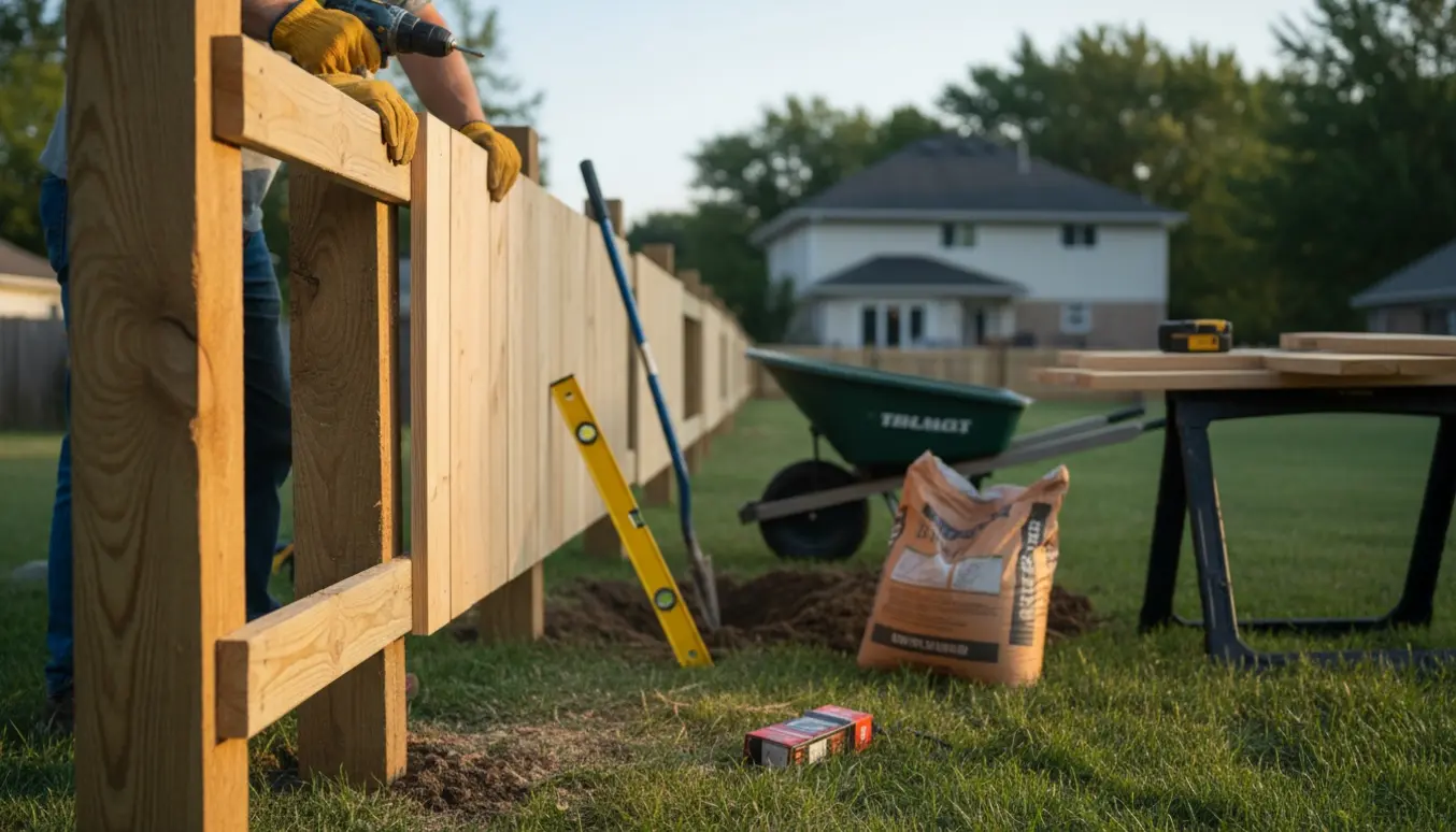 Delvist opført plankhegn i en baghave med håndværkerhænder, boremaskine og værktøj i naturligt morgenlys.