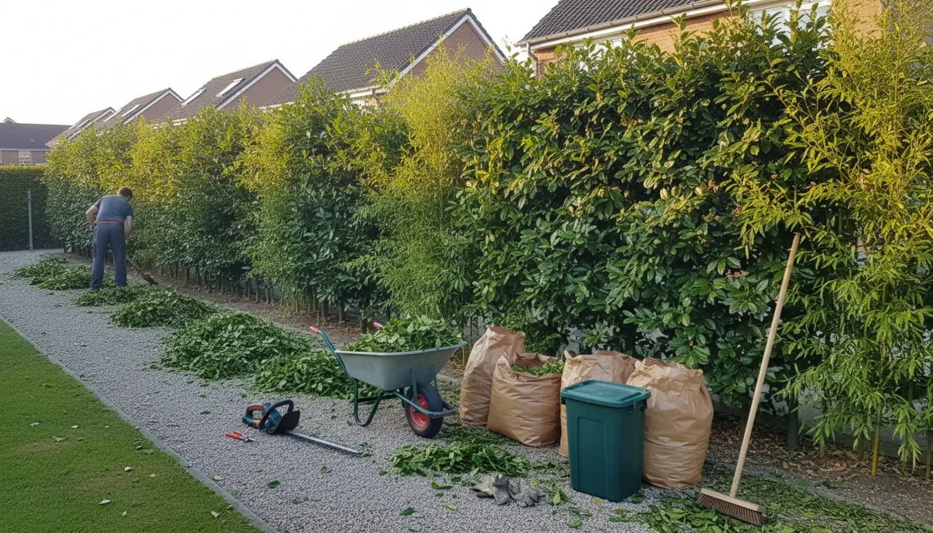 Nyklippet hæk af bambus og laurbær med trillebør og poser fyldt med haveaffald klar til bortkørsel.