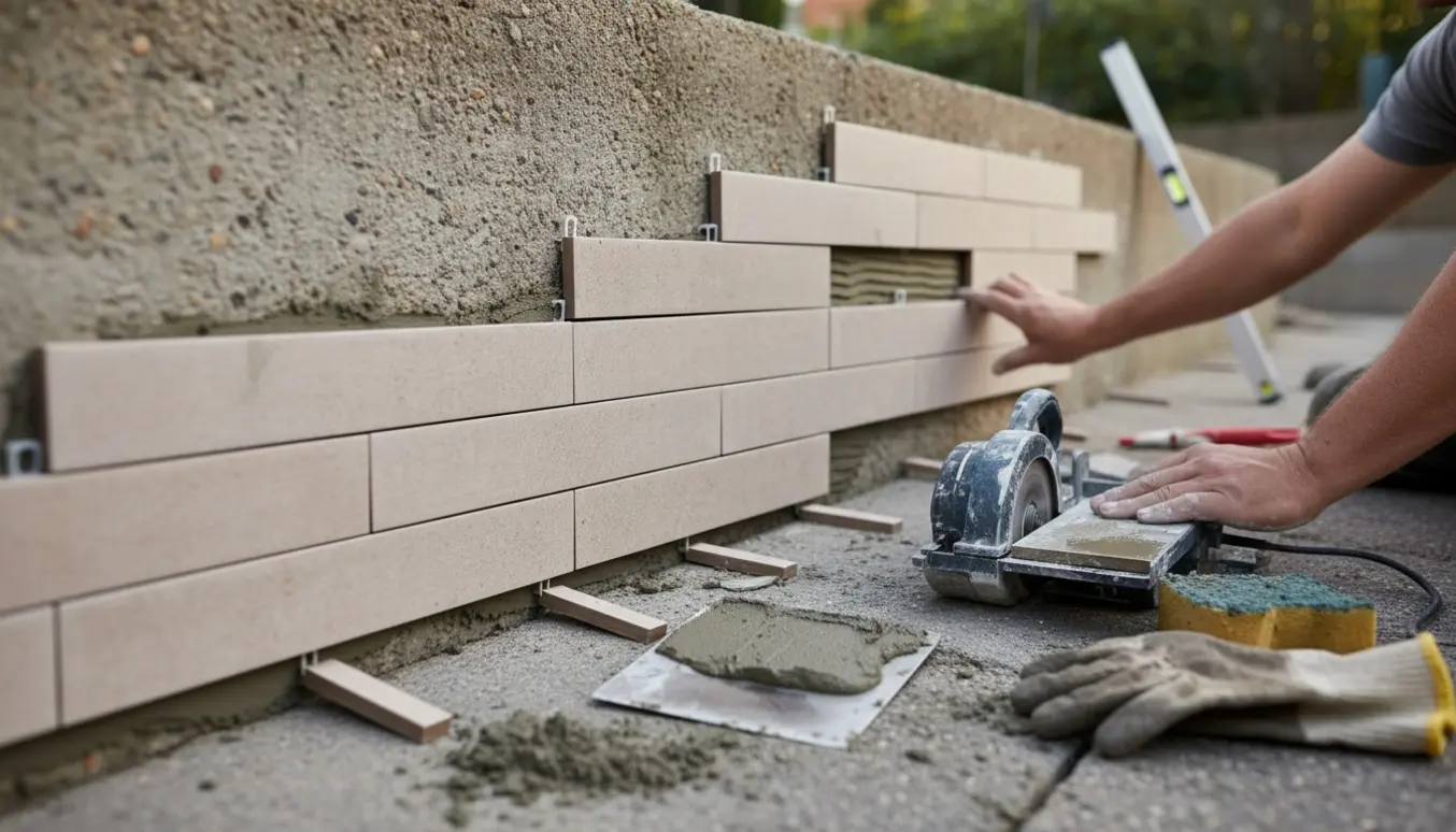 En havemur, hvor rektangulære fliser monteres og tilskæres på grund af skrånende terræn.