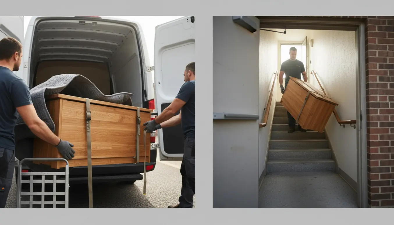 Flyttefolk læsser en træ køkkenbænk ind i en varebil, mens en anden bæres op ad en trappe til 2. sal.