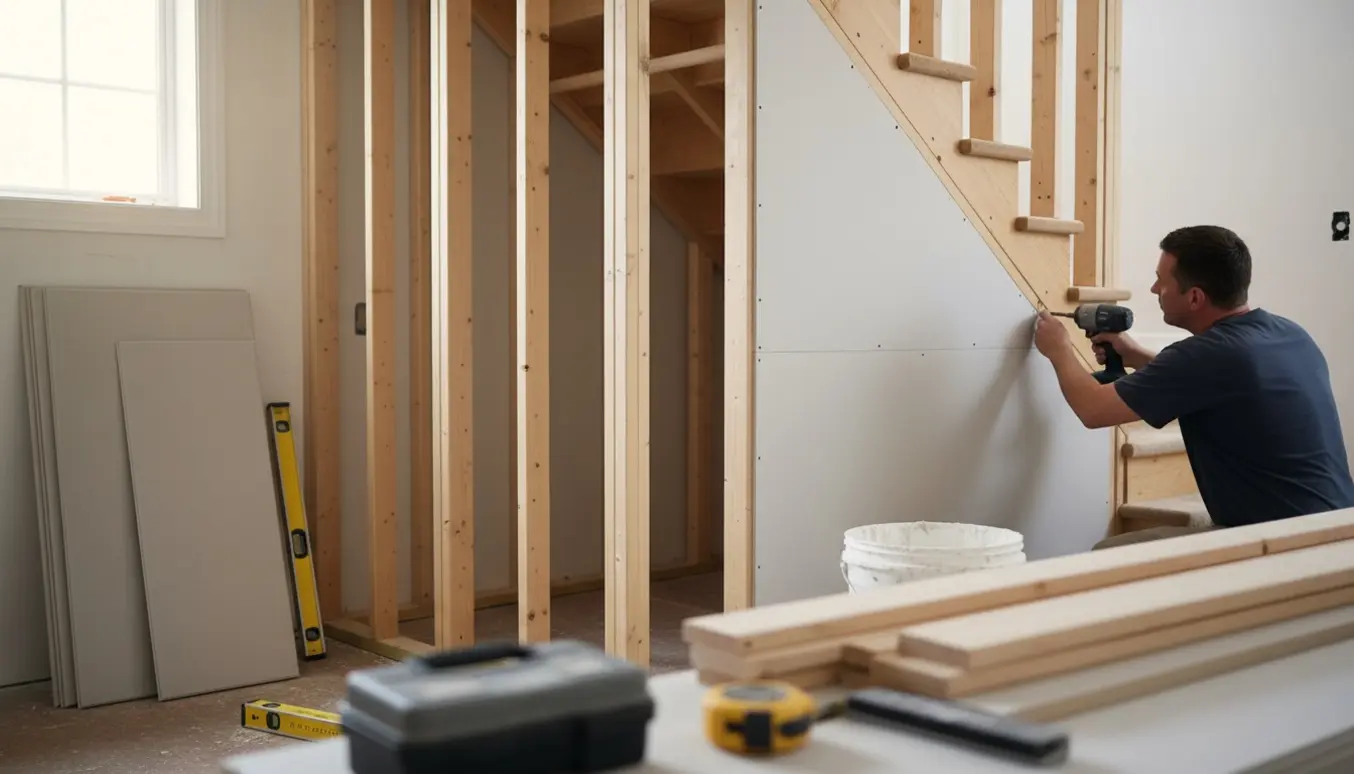 Under trappen monteres en gipsplade på træreglar for at skabe et lille skab, med værktøj og materialer omkring.