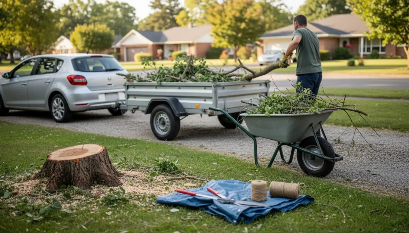 Beskårne grene i trillebør og trailer ved indkørsel med haveredskaber og en afkortet stub i sollys.