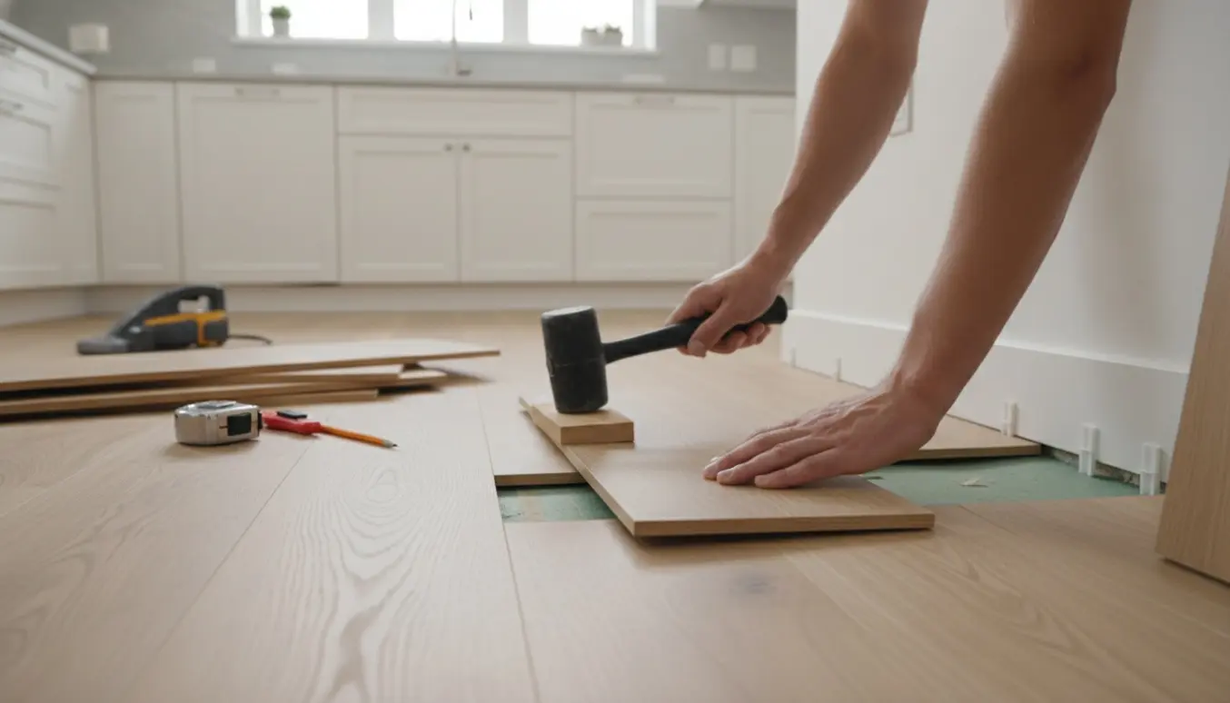 Hænder lægger et lille stykke lyst trægulv i et køkken med værktøj og plankestak i baggrunden.