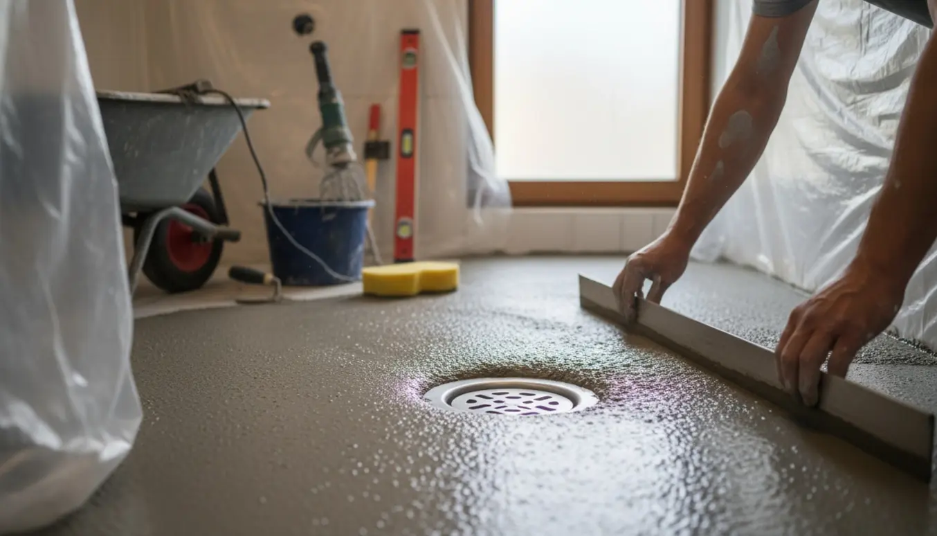 Et lille badeværelse under renovering, hvor en murer udjævner nysstøbt gulv med fald mod et gulvafløb.