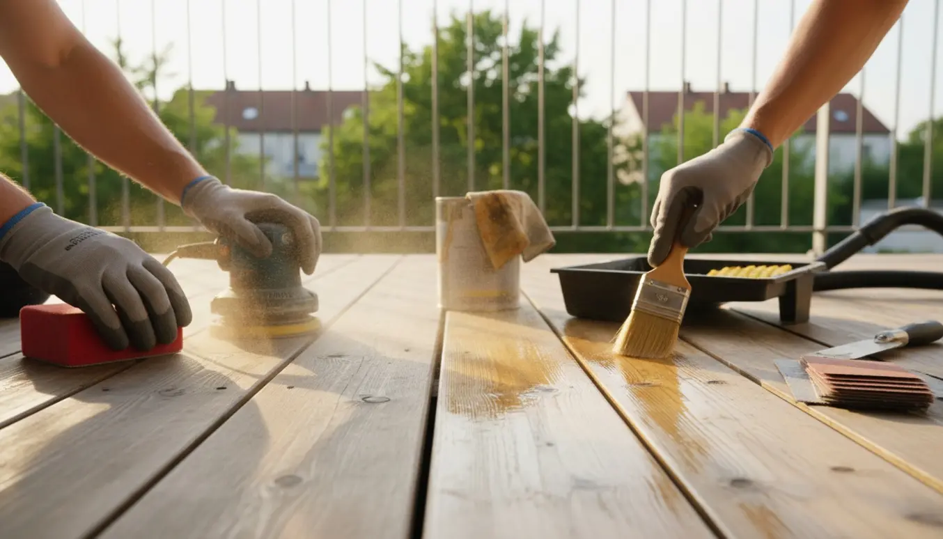 Nærbillede af hænder, der sliber og olierer en træaltan med værktøj og frisk træoverflade.