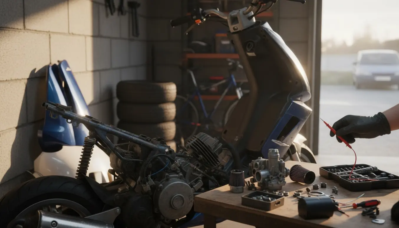 En garageopsætning med en afmonteret Speedfight 4 knallert, hænder der holder tændrør og måleprobe ved tændspolen, og karburatordele på en værktøjsbænk.