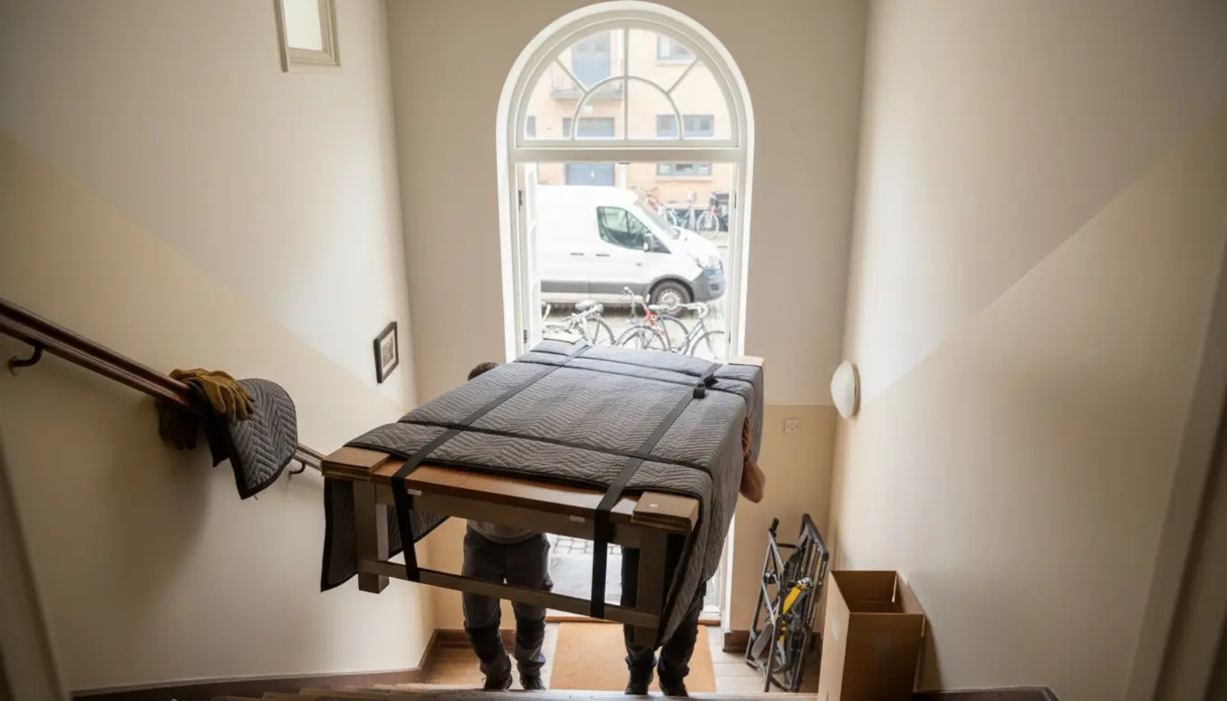 To flyttemænd bærer et stort spisebord indpakket i flyttetæpper op ad en smal trappe ved middagstid.