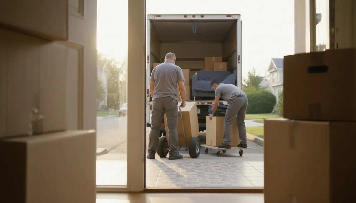 To flyttemænd læsser pakket gods fra stueetage ind i en flyttevogn med sækkevogn og vogn.