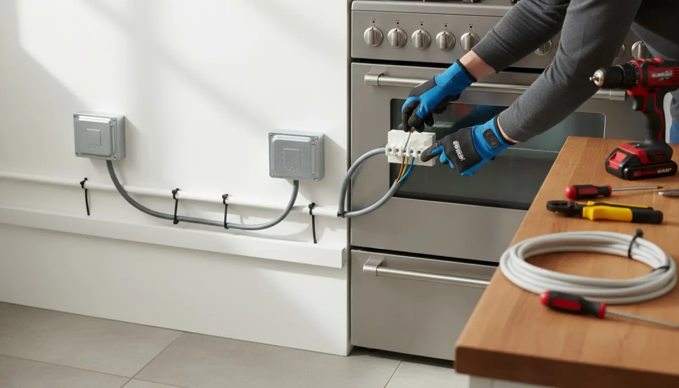 Elektriker i handsker forbinder et komfur med synlige kabler og overflademonteret ledningsføring langs en køkkenvæg.