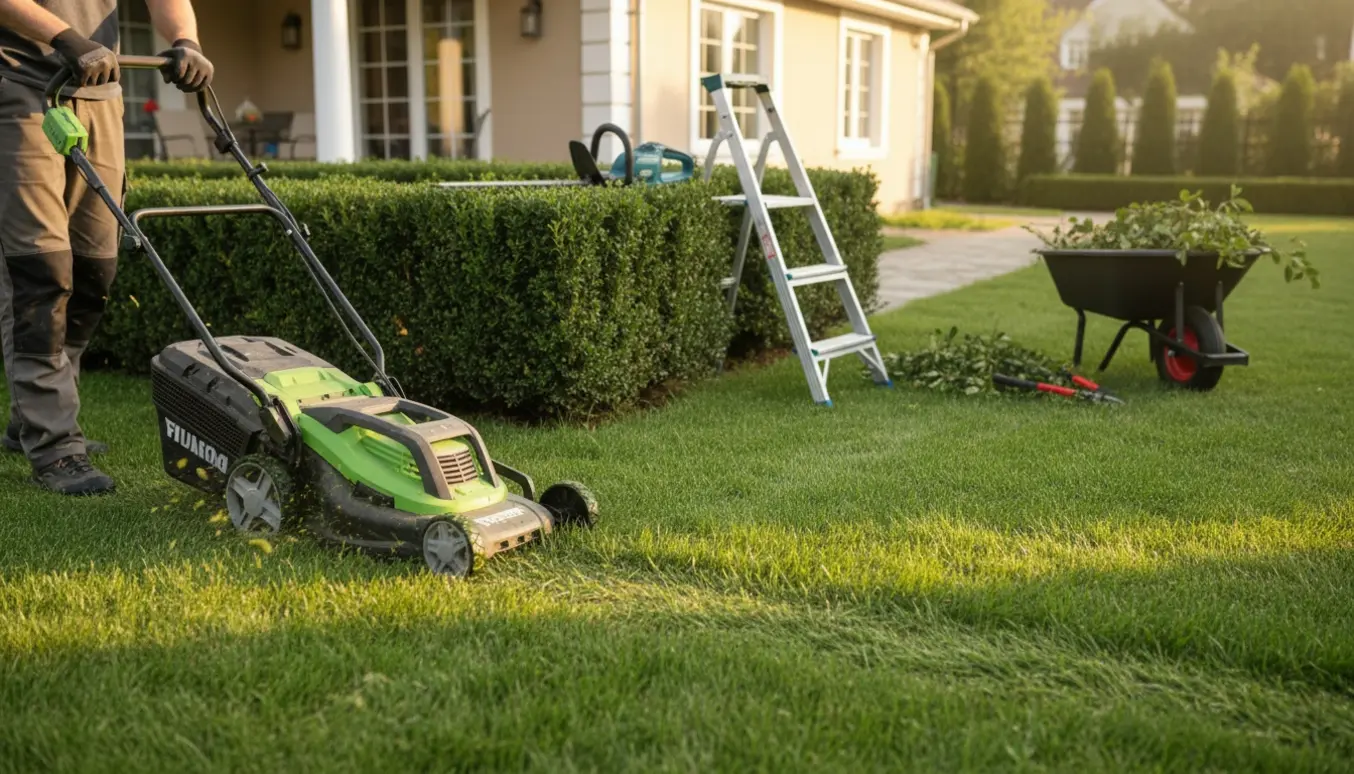 Nærbillede af plæneklipper, nyklippet græsstribe og beskårne hække i en solrig have.