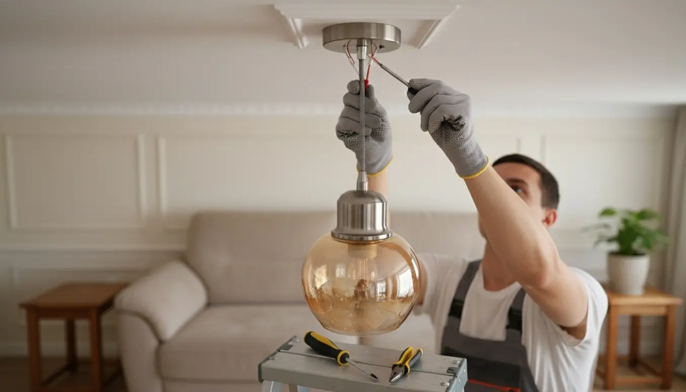 Hænder i handsker monterer en loftlampe i hjørnet af en stue fra en stige.