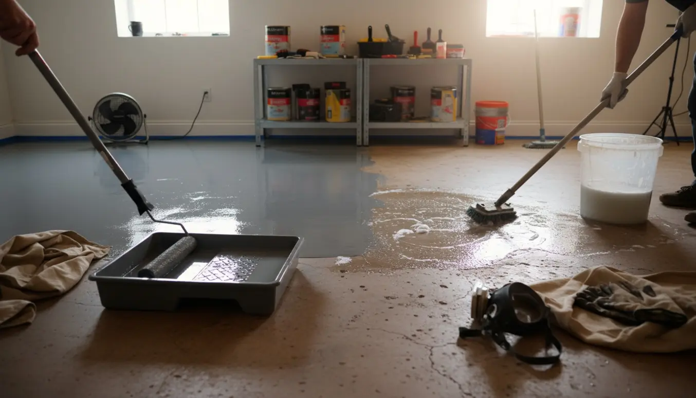 Kældergulv i beton, hvor den ene halvdel er nymalet og den anden rengøres med moppe og rulle ved åbne vinduer.