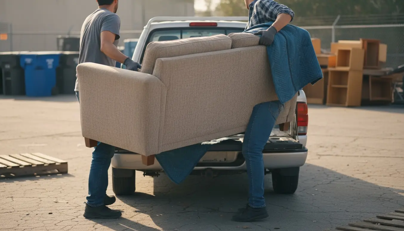 To personer løfter en slidt sofa ind i en pickup ved en genbrugsplads.