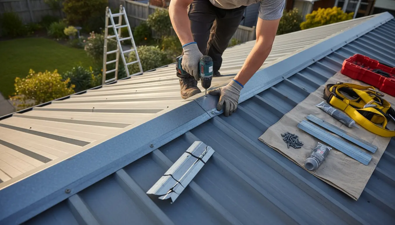 Nærbillede af reparation af tagryg på pladetag med hænder, værktøj og nye rygningsplader.