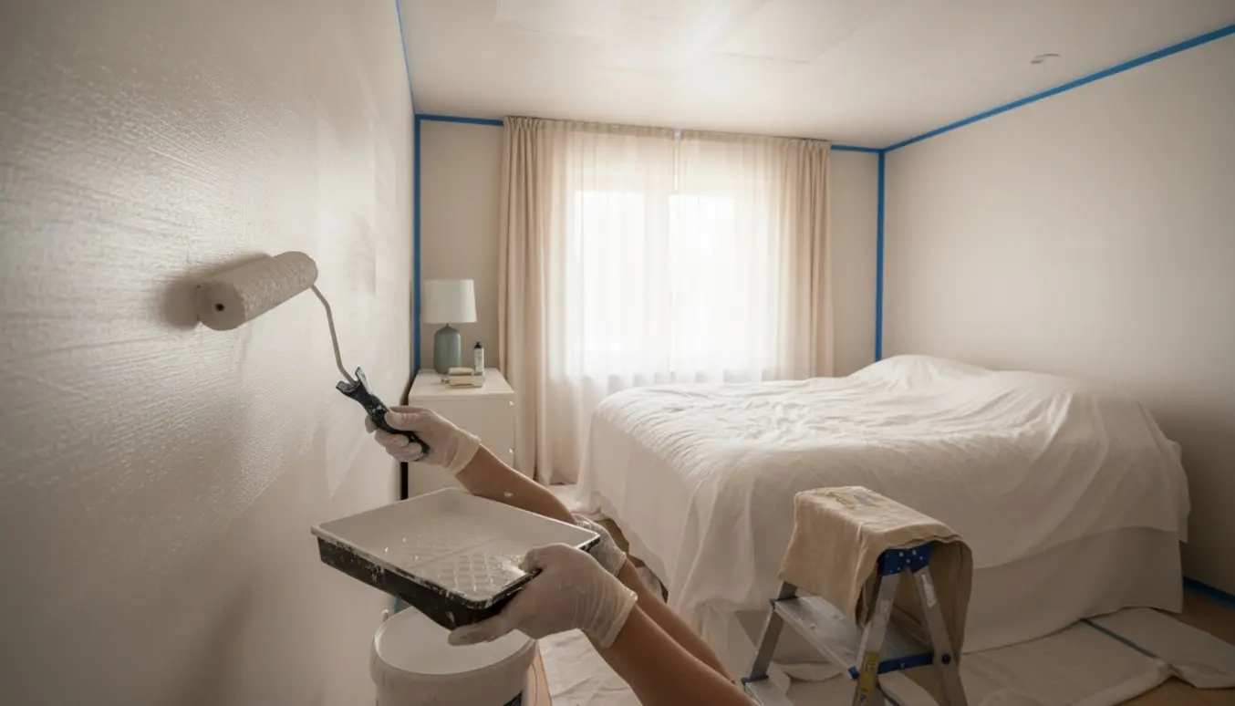 Soveværelse med loft og vægge nymalet i råhvid, maleruller, malerbøtte og afdækkede møbler i naturligt dagslys.