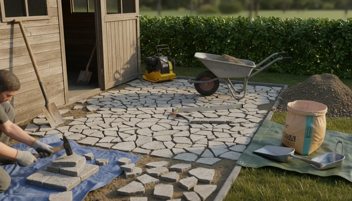 Lægning af genbrugsfliser ved et skur med trillebør, skovl og bunker af sand og jord.