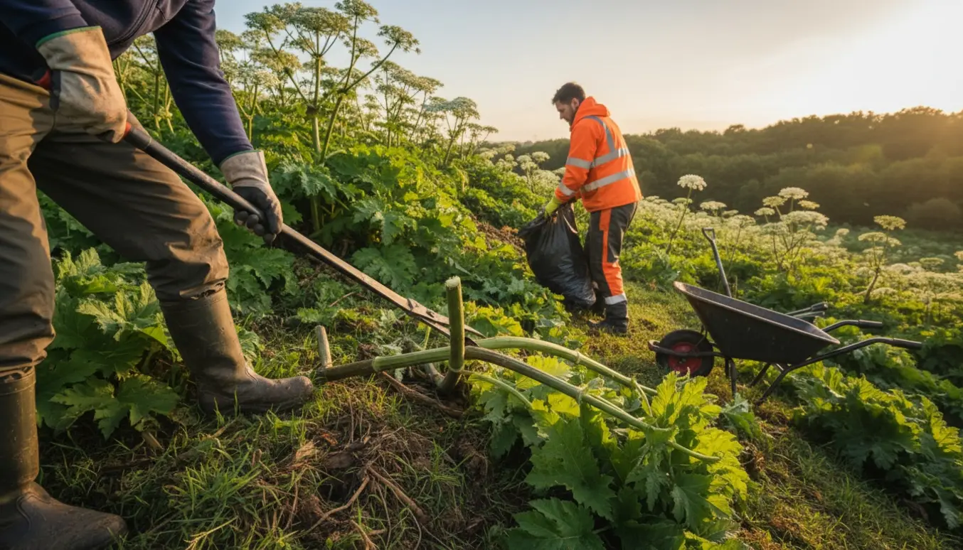 Personer i beskyttelsesudstyr fjerner bjørneklo fra en stejl, grøn skrænt.