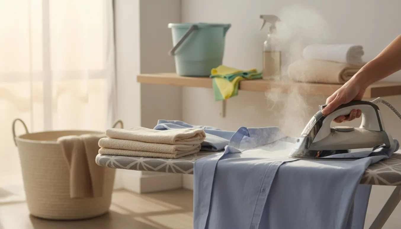 Hænder stryger en skjorte på et strygebræt med nyvasket tøj og rengøringsredskaber i et lyst hjemmemiljø.