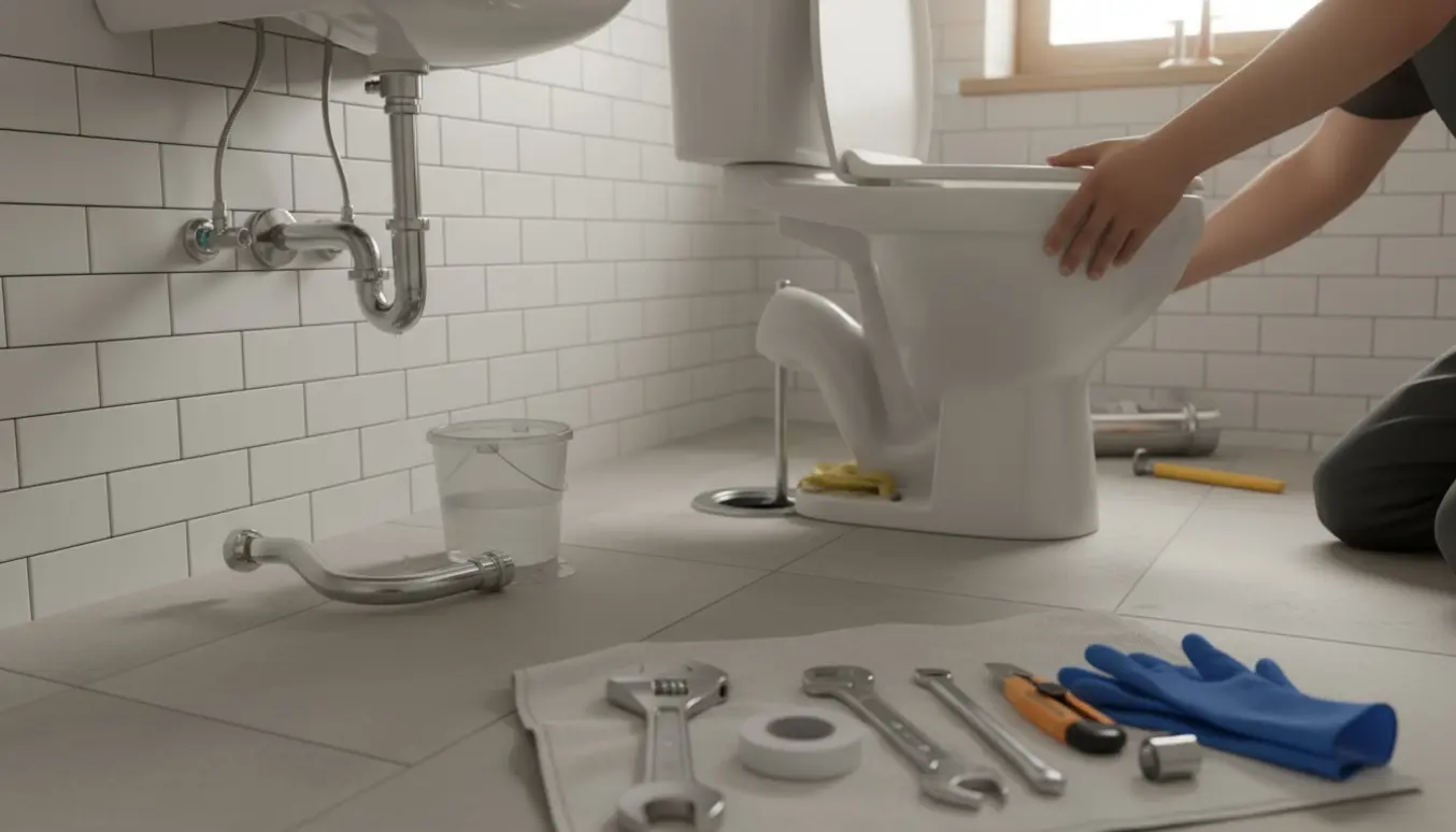 Afmontering af toilet og vask i et lyst flisebadeværelse med værktøj på gulvet.