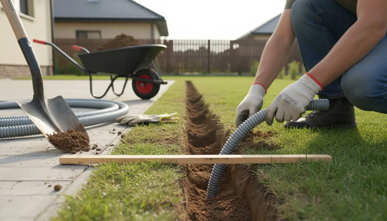 Et gråt kabelrør sænkes ned i en nyligt gravet rende i en villahave, omkring 8 m lang og 35 cm dyb.