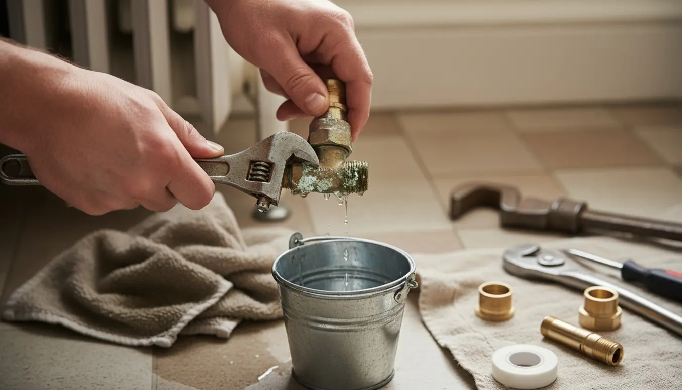 Nærbillede af hænder, der løsner en korroderet paklås på en radiator med reservedele og en spand til vand ved siden af.