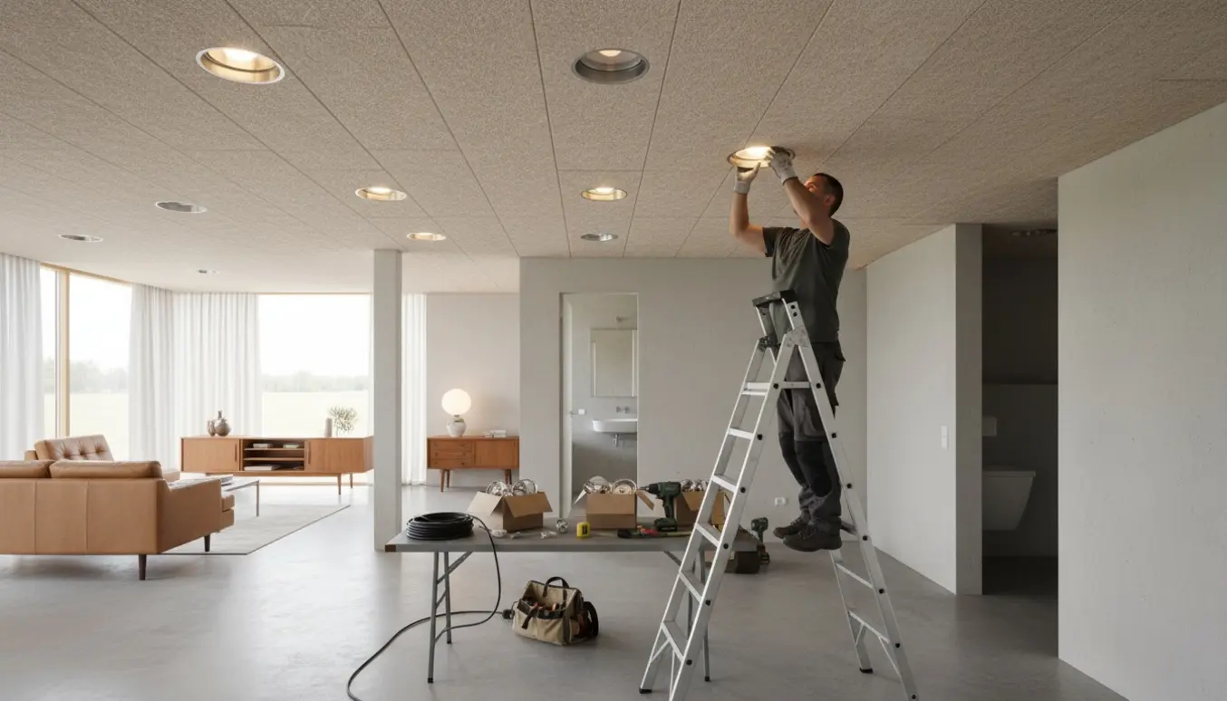 Tekniker monterer indbygningsspots i et Troldtekt-loft mellem stue og badeværelse.