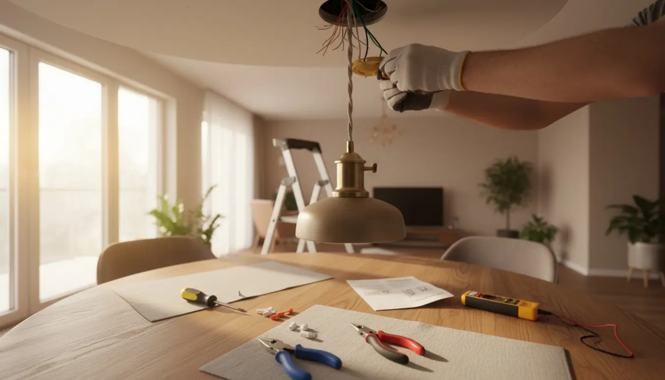 Elektriker monterer en ny lampe over spisebordet, kun hænder og værktøj synlige.
