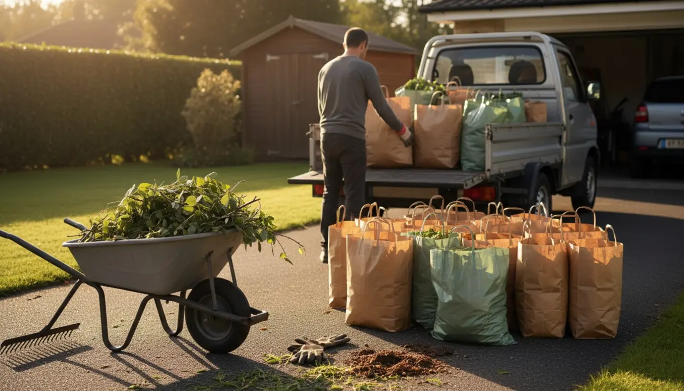Fyldte haveaffaldssække bliver læsset på en trailer i en indkørsel ved morgenlys.