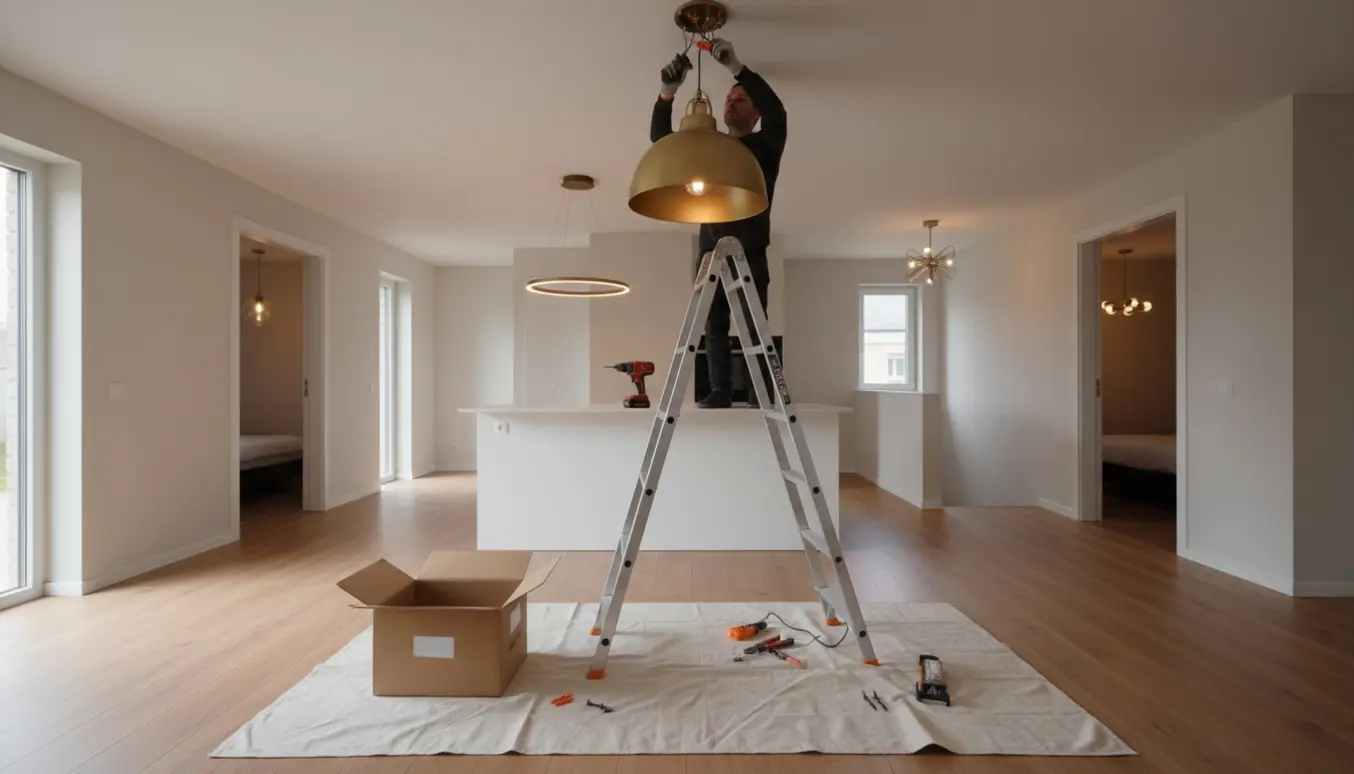 Montering af en tung loftlampe i en lys bolig med fire andre lamper allerede installeret.