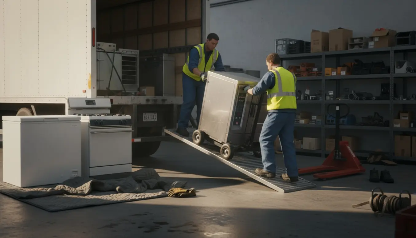 To flyttemænd flytter en stor industriovn og andre hårde hvidevarer ud af en værkstedsbygning.