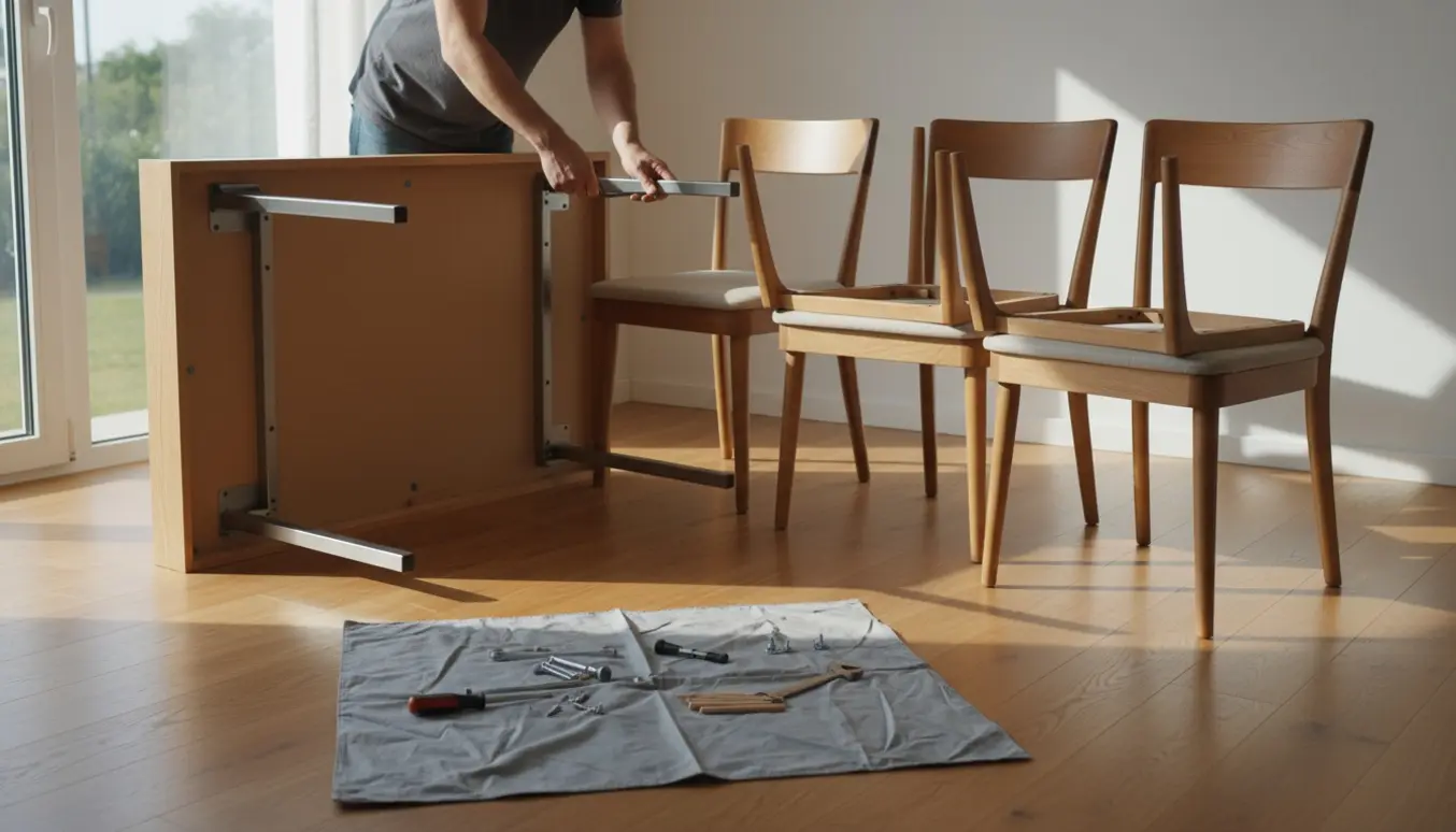 Hænder samler et spisebord 80x120 og fire stole i en lys, moderne stue.