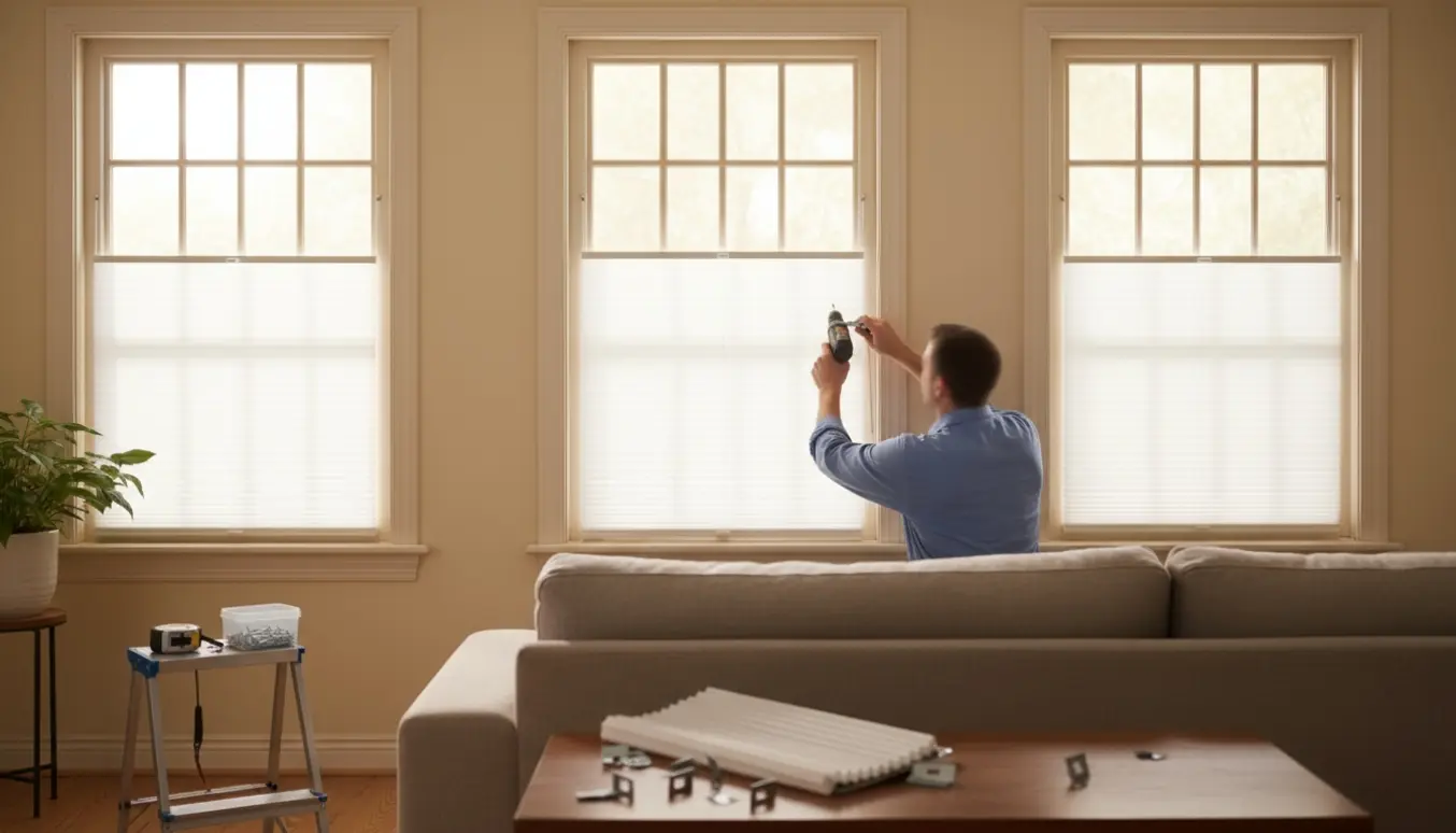 Tre plisségardiner bliver monteret i en lys, hyggelig stue, synlige hænder arbejder med værktøj.