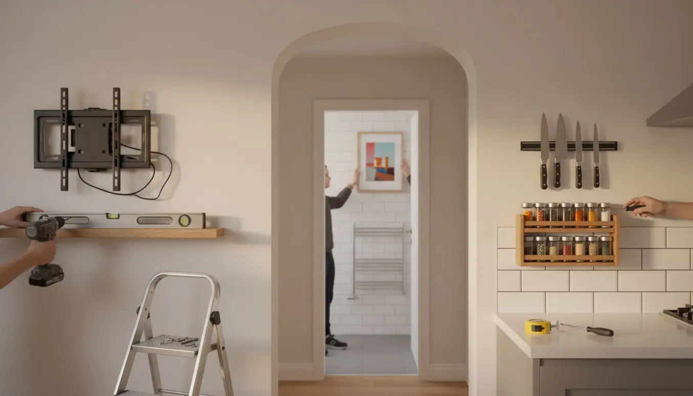 Person monterer billeder, hylde, TV, krydderihylde og knivmagnet i et lyst, åbent hjem.