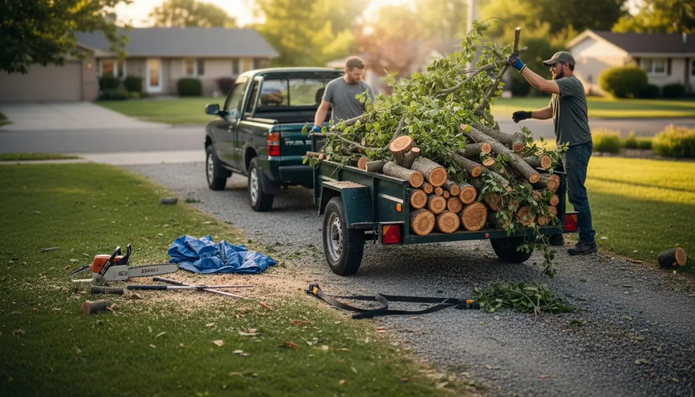 Trailer fyldt med opskåret haveaffald fra beskæring af buske og små træer ved indkørsel.