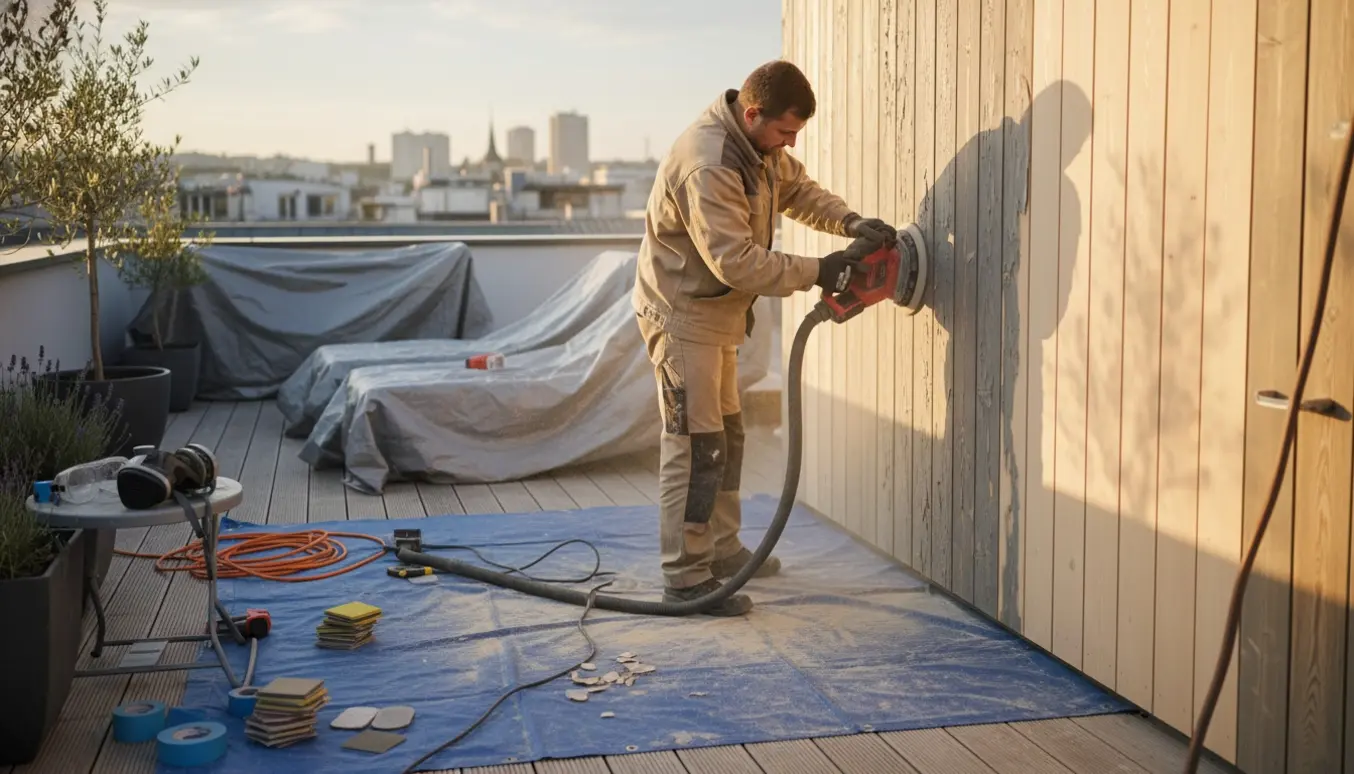 Håndværker sliber trævægge på en tagterrasse med slibemaskine og støv på et beskyttende lagen.