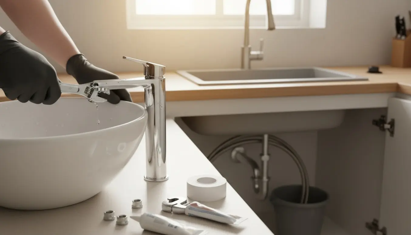 Nærbillede af hænder, der monterer en ny armatur på en hvid håndvask med værktøj og et køkkenarmatur i baggrunden.