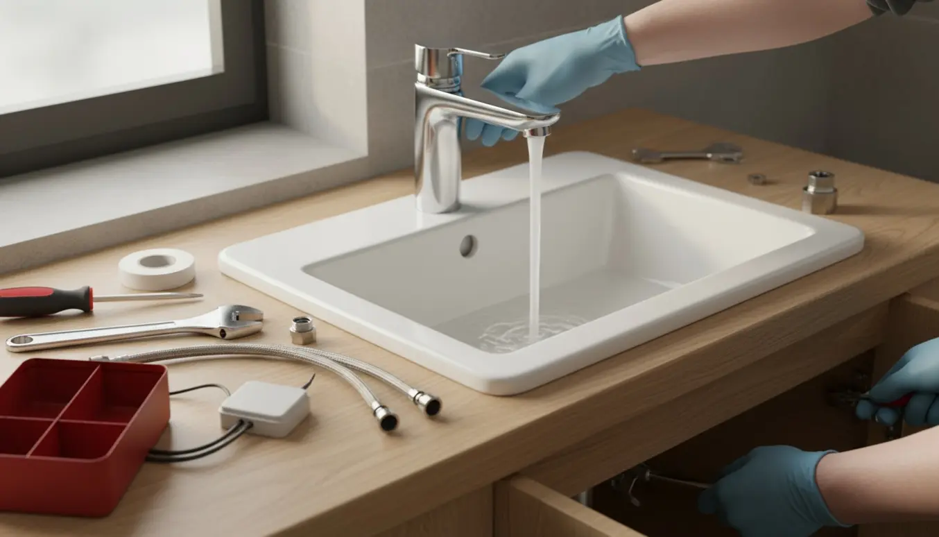 Nærbillede af installation af en ny berøringsfri chromarmatur over et hvidt håndvask i et moderne badeværelse.