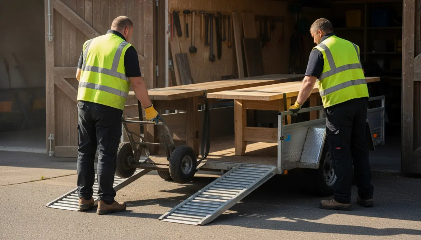 To flyttere løfter et tungt plankebord op på en trailer foran et værksted.