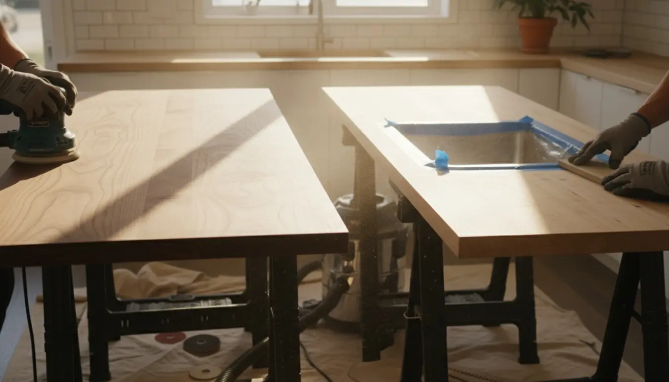 To køkkenbordplader, den ene med vask, hvor en orbitalsliber og håndslibning glatter træoverfladen under naturligt lys.