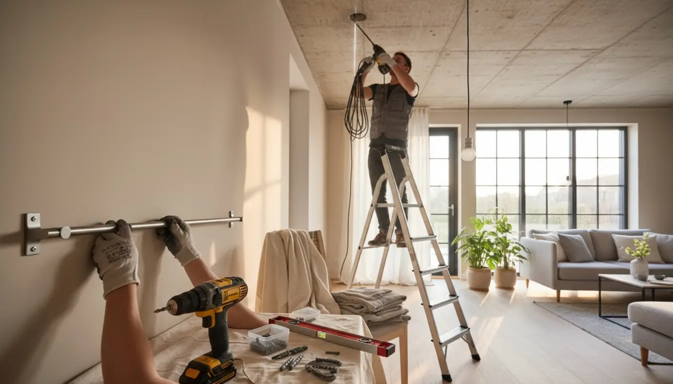 Hænder monterer to gardinstænger på en væg, mens to lamper hænges i et betonloft.