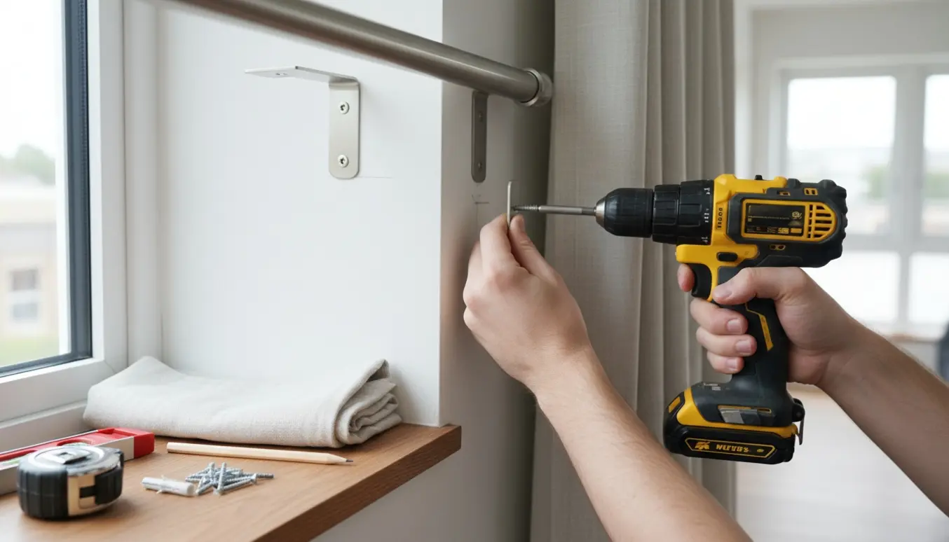 Nogen monterer et gardinbeslag over et vindue med en batteridrevet skruemaskine.