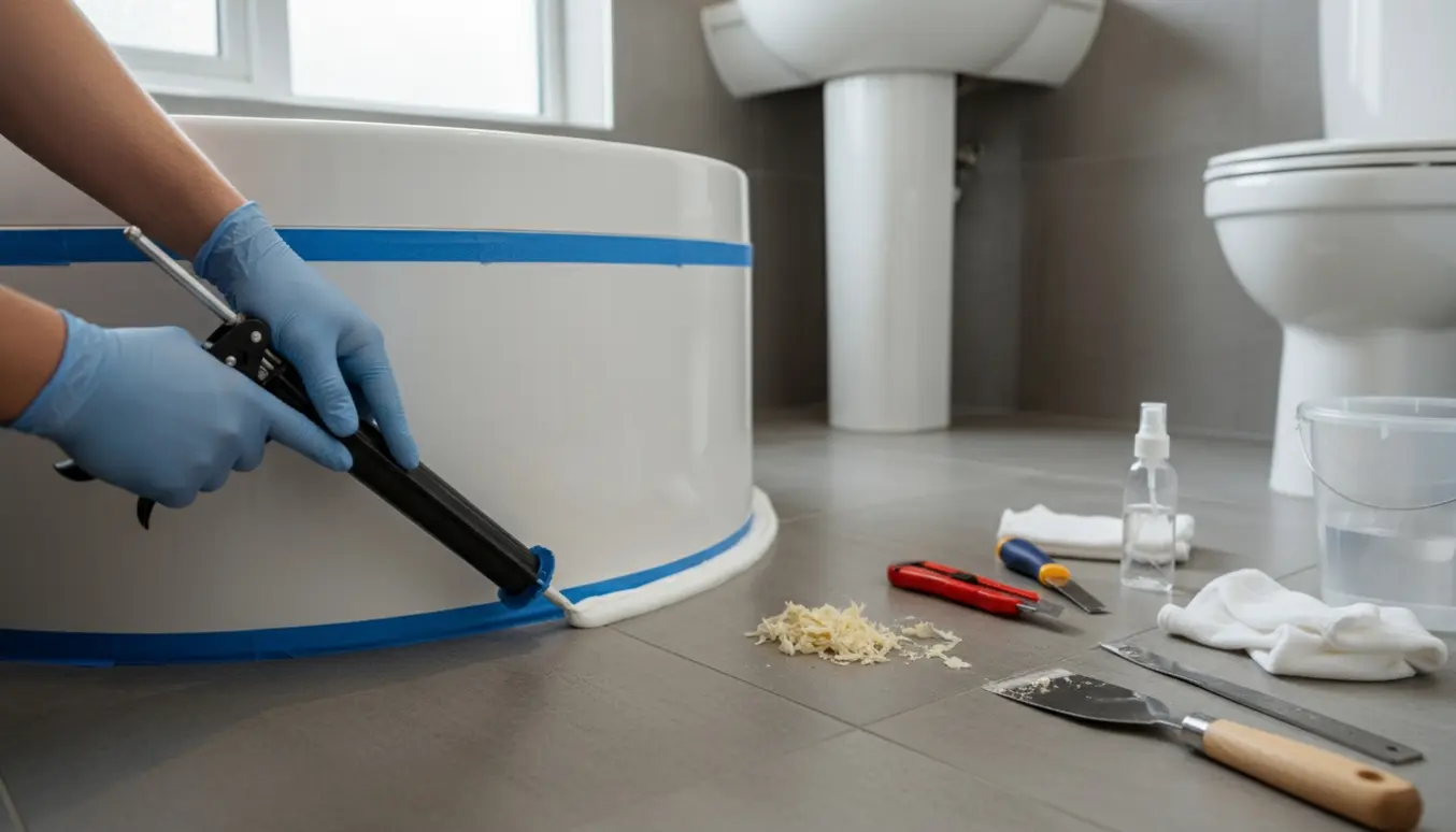 Hænder med fugepistol lægger ny silikone langs gulvkant og rundt om toilet og vask i et lyst badeværelse.